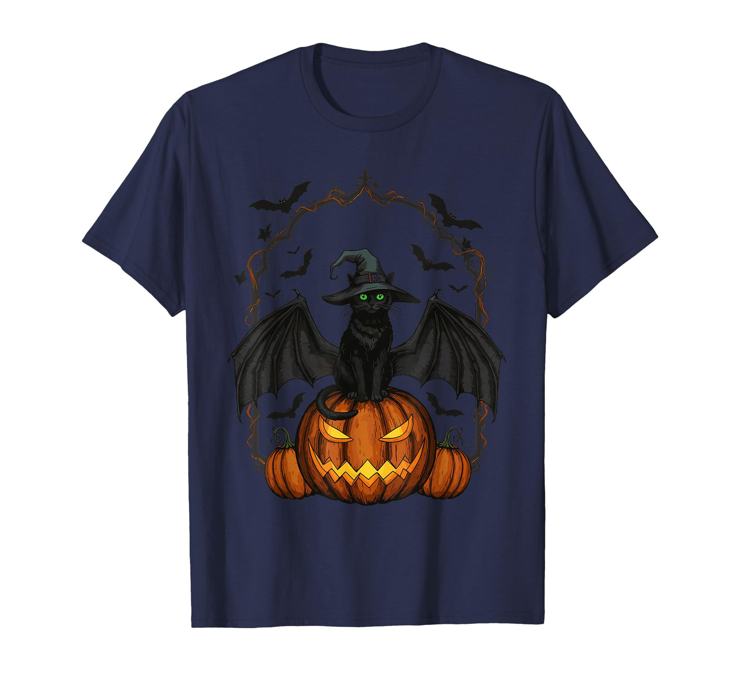 Cat Lovers Witch Hat Bats Pumpkin Spooky Halloween Night T-Shirt