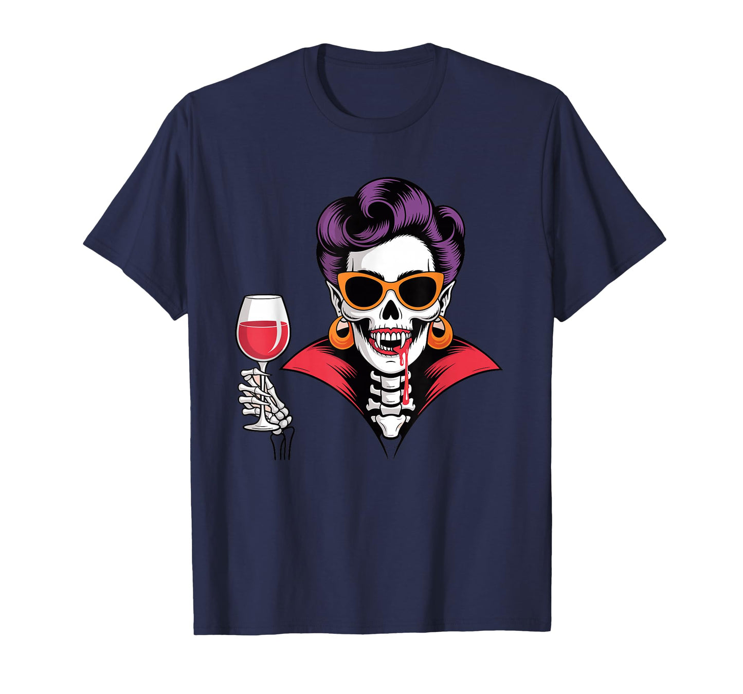 Vampire Skeleton Woman with Wine Funny Halloween Art T-Shirt