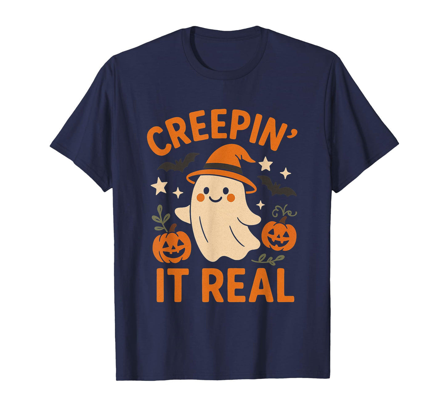 Creepin’ It Real – Cute Ghost with Pumpkins Halloween Design T-Shirt