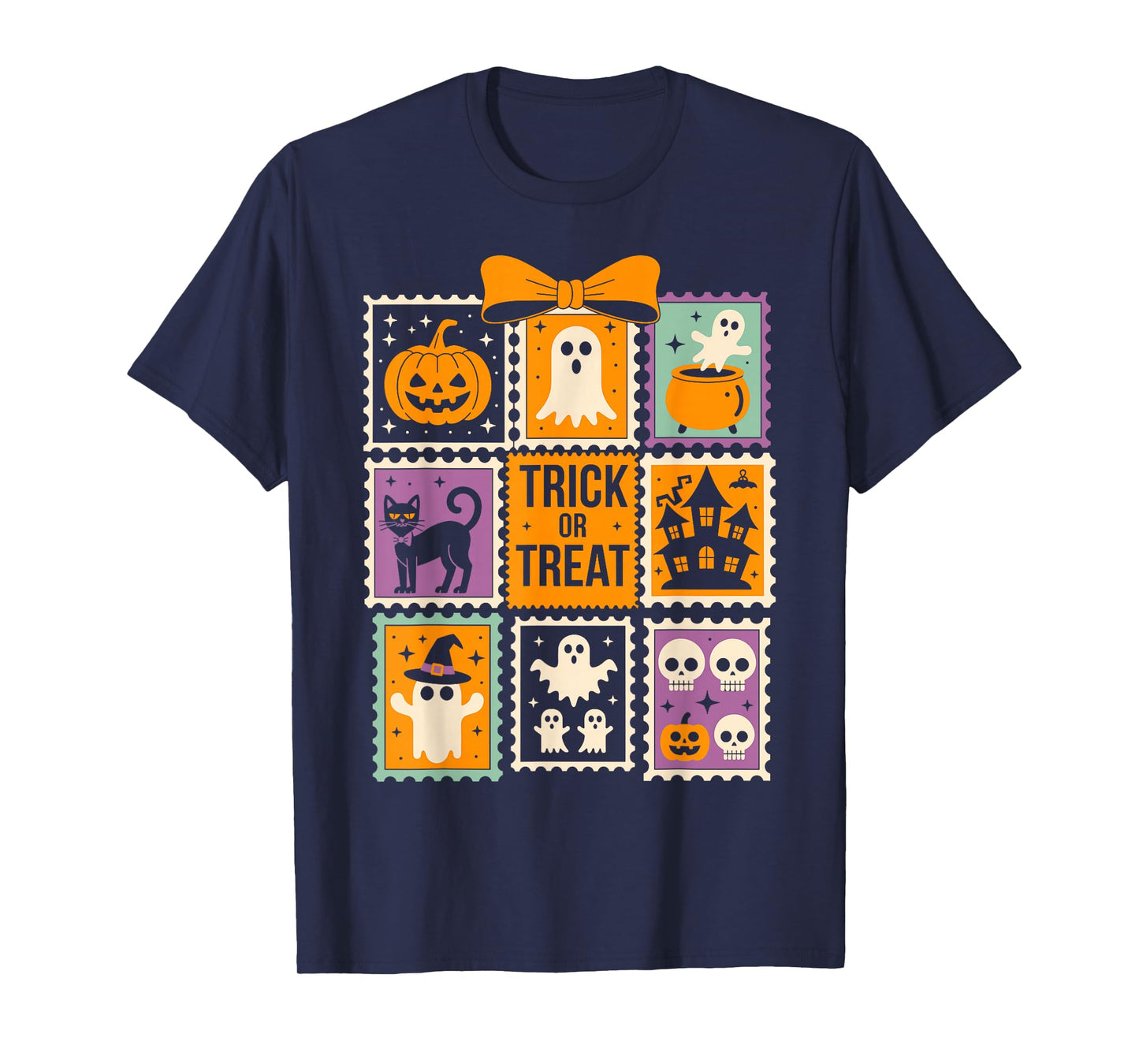 Halloween Stamps Spooky Pumpkin Ghost Cat Witch Skeleton T-Shirt