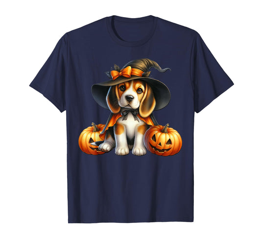 Dog Witch Hat and Jack O Lantern Pumpkin Beagle Halloween T-Shirt