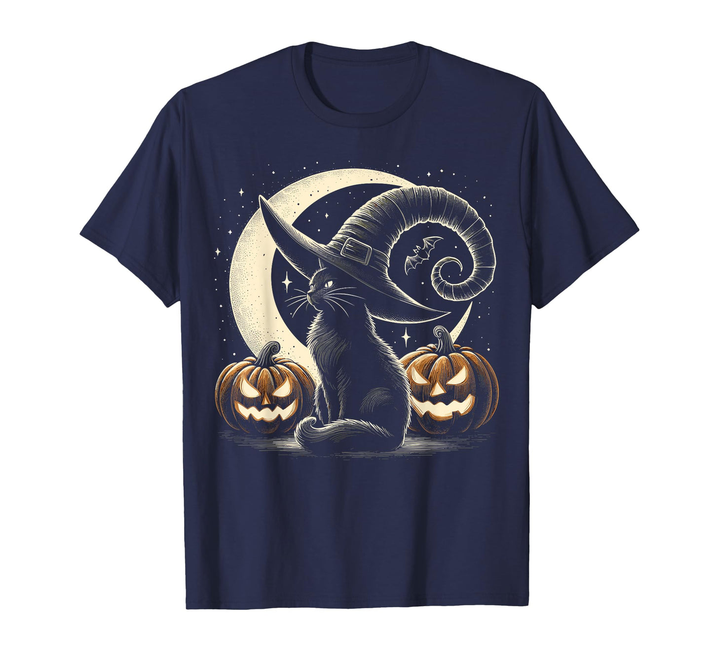 Black Cat Halloween Retro Pumpkin Costume Cat T-Shirt for Men Women Kids