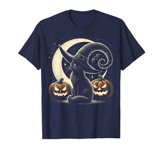 Black Cat Halloween Retro Pumpkin Costume Cat T-Shirt for Men Women Kids