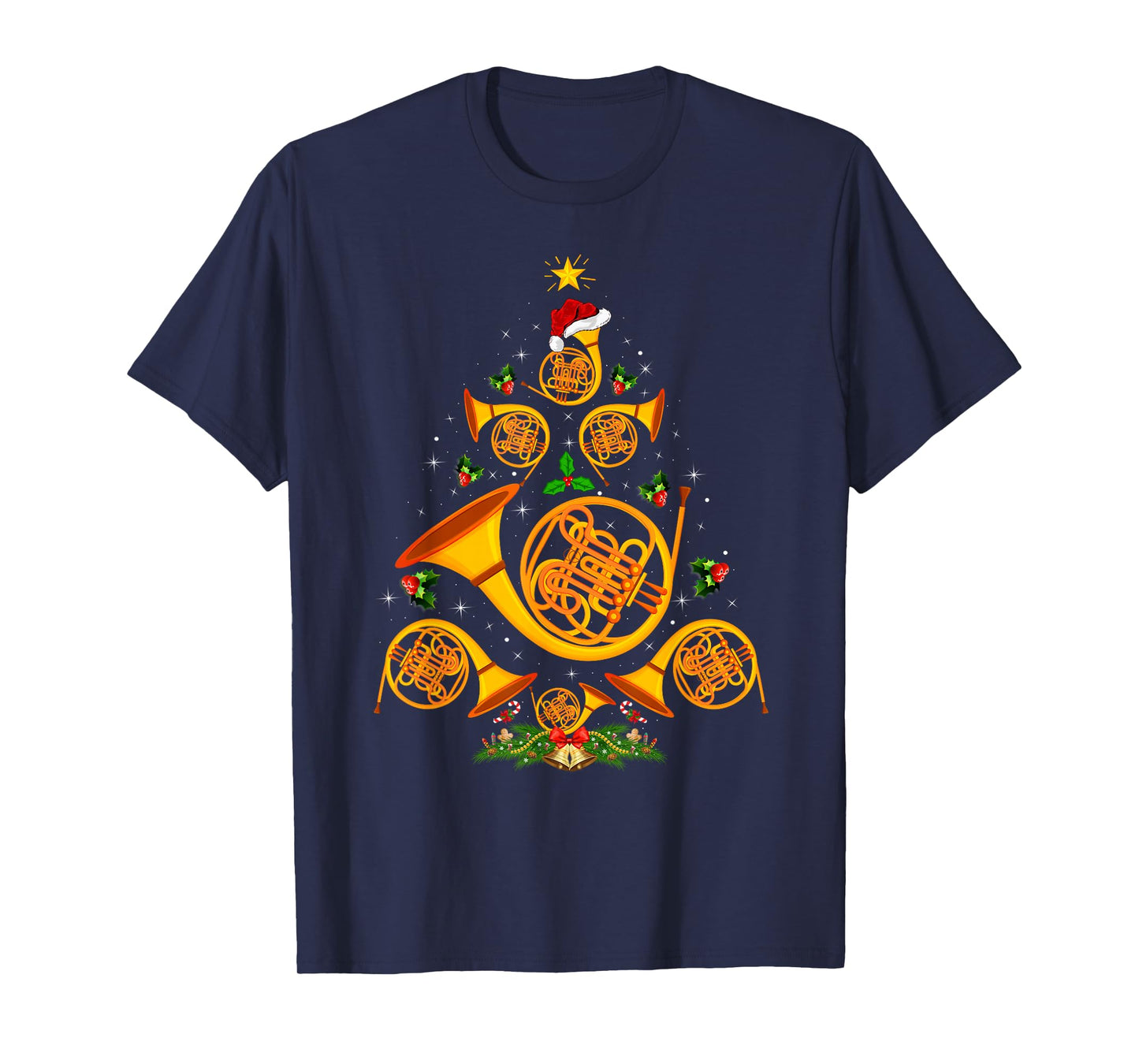 French Horn Christmas Tree Lights Music Lover Musical Xmas T-Shirt