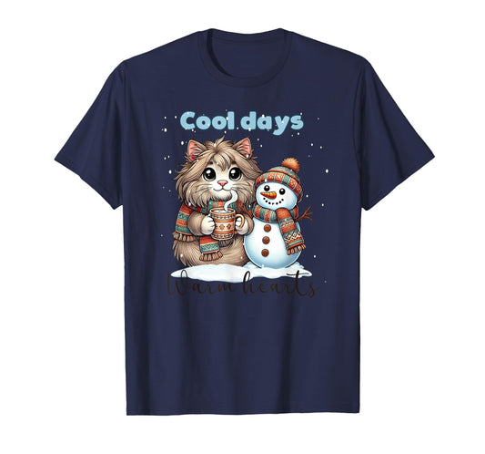 Kitty Cat and Snowman Friends Share Coffee in Winter Snow T-Shirt