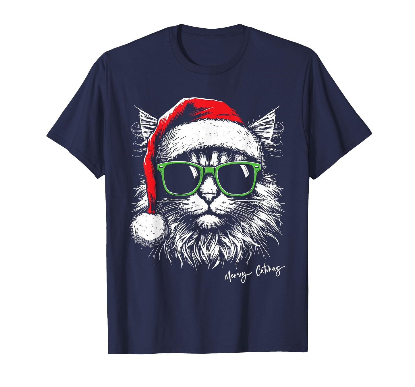 Meowy Catmas Santa Hat Cute Cat Christmas Pajamas Xmas T-Shirt