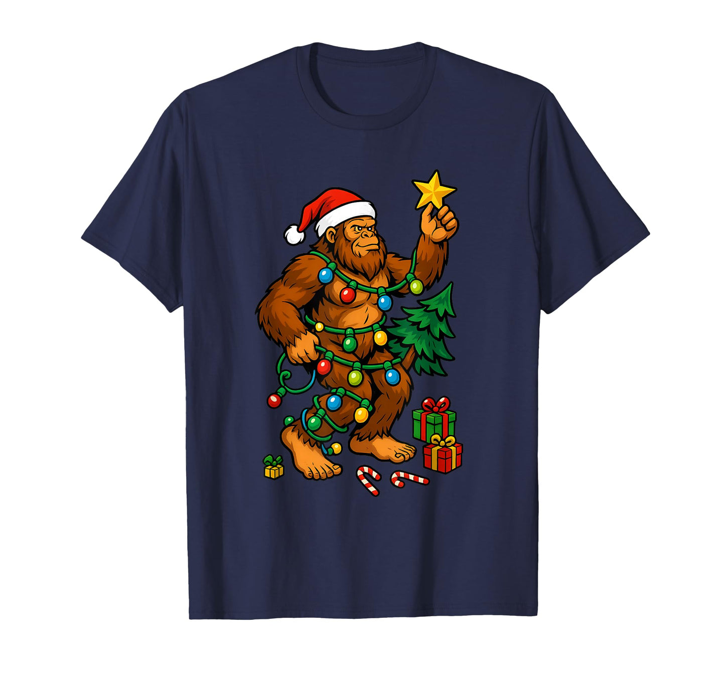 Bigfoot Tree Christmas Lights Snowflake Holiday Candy Xmas T-Shirt