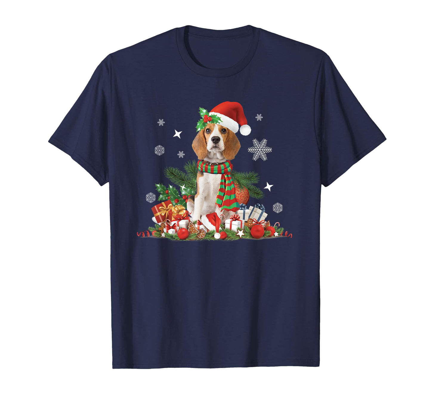 Christmas, Beagle Dog, Santa Hat Lights Presents Decoration T-Shirt