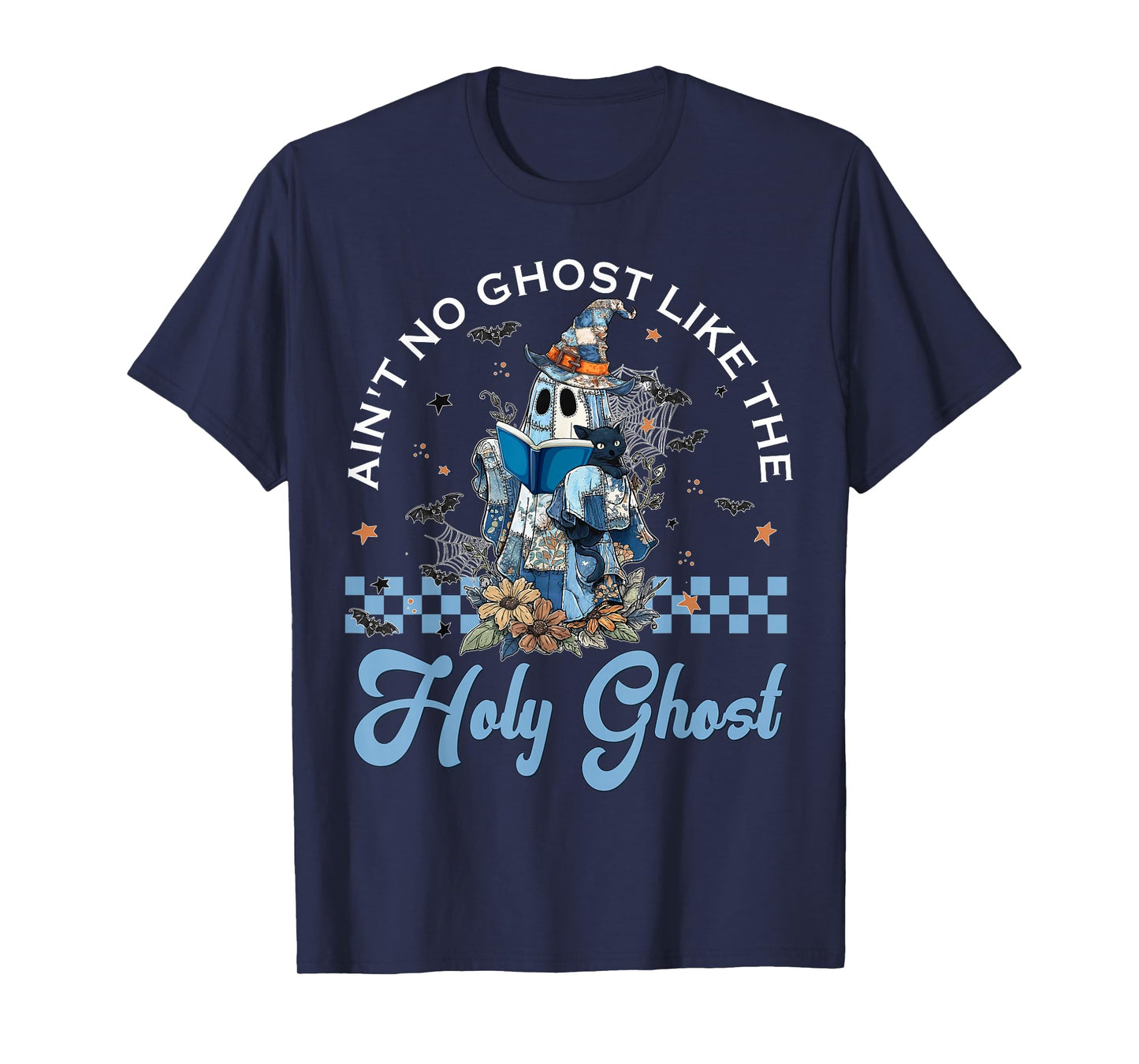 Retro Checkered Floral Denim Ghost Black Cat Witch Halloween T-Shirt