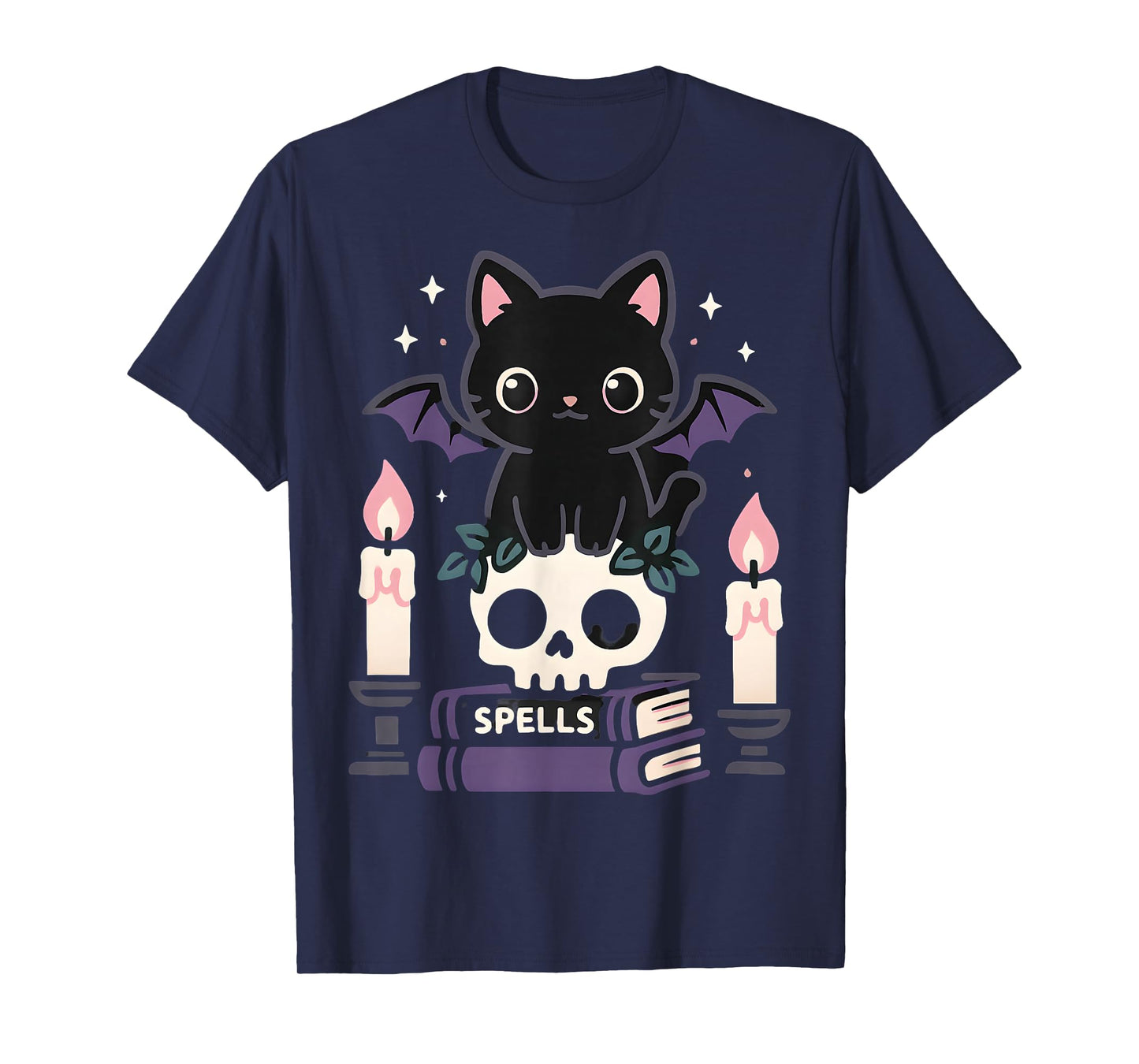 Cute Black Cat with Bat Wings and Spells Design 4 Halloween T-Shirt