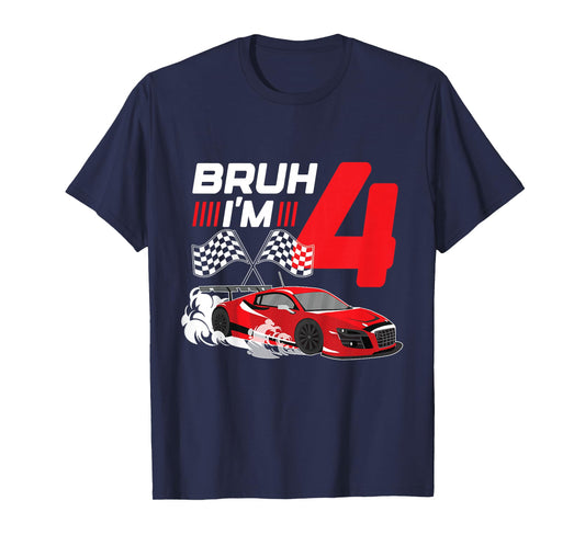 Kids Bruh I'm 4 Birthday Boys Race Car 4 Year 4th Birthday Racing T-Shirt