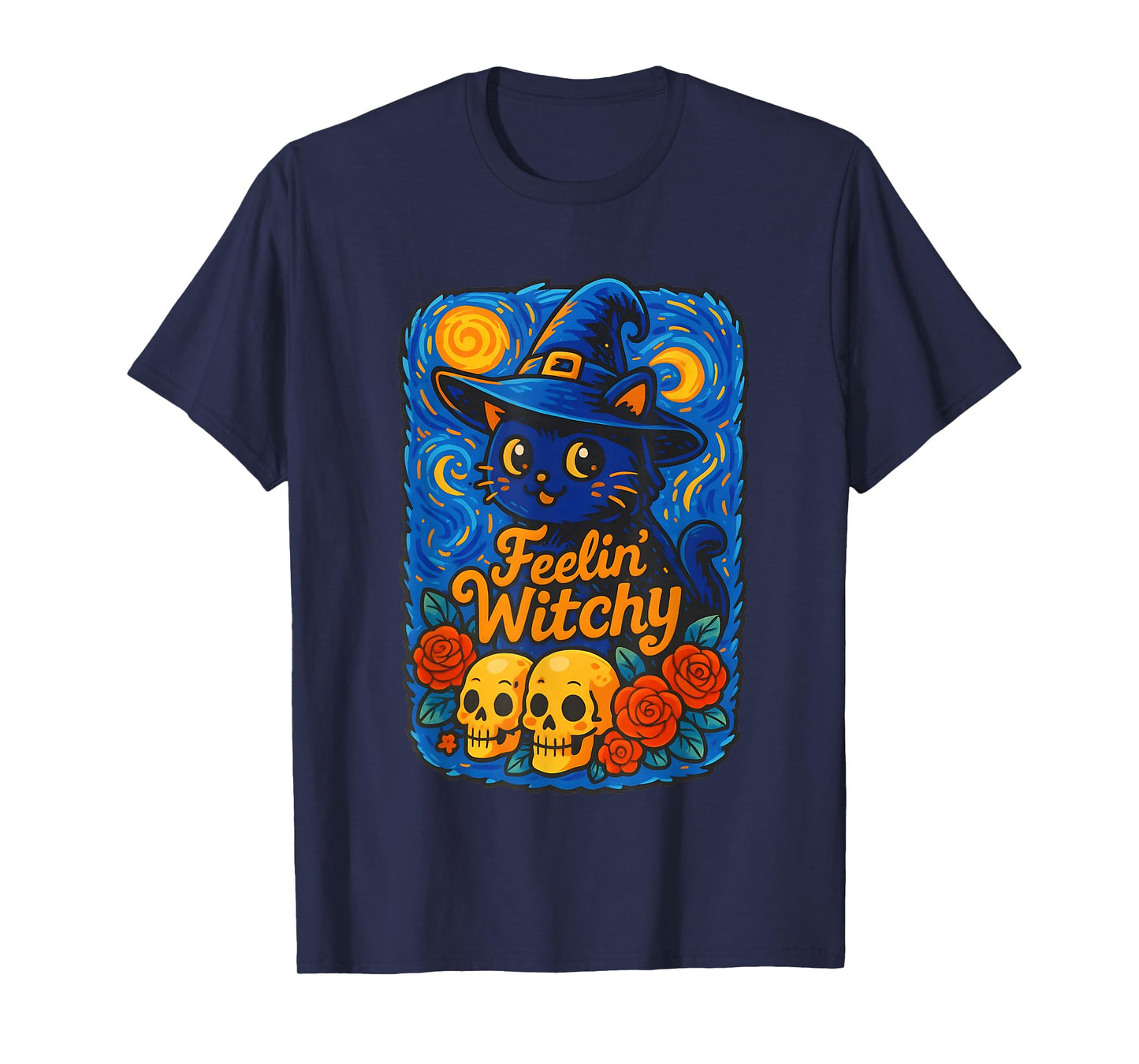 Hallowen Black Cat Witch Hat with Skulls & Roses T-Shirt