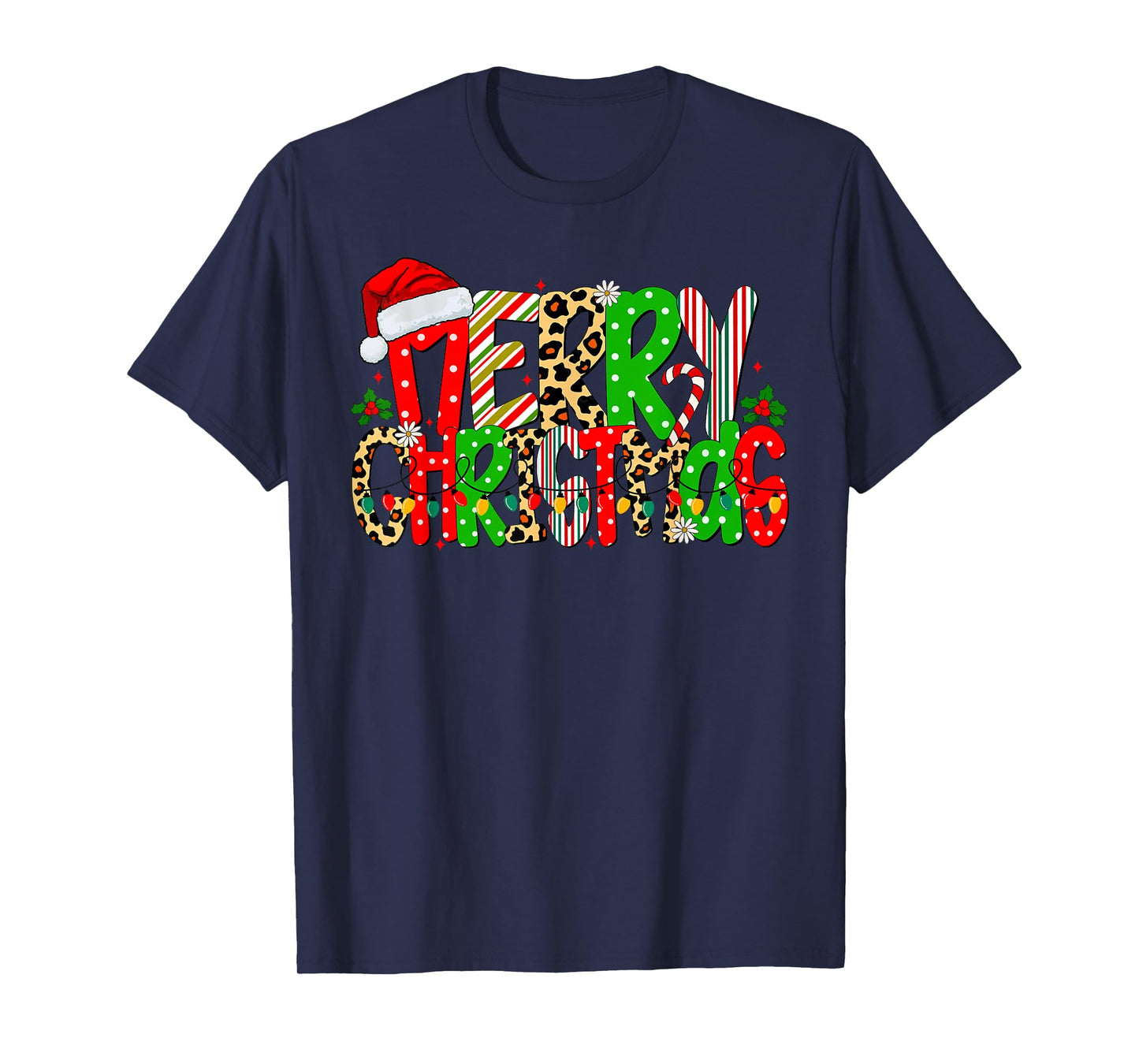 Retro Merry Christmas Lights Santa Leopard Men Women Kids T-Shirt