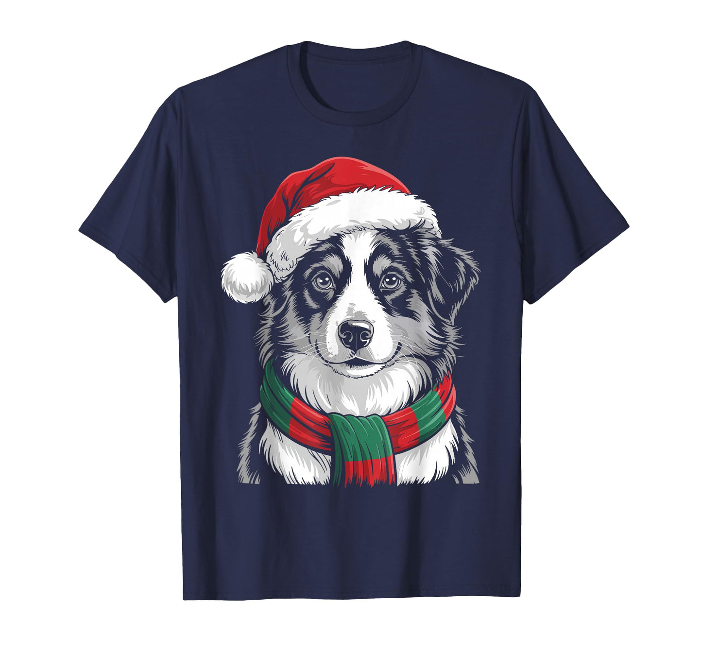 Australian Shepherd Dog Santa Hat Scarf Christmas Costume T-Shirt