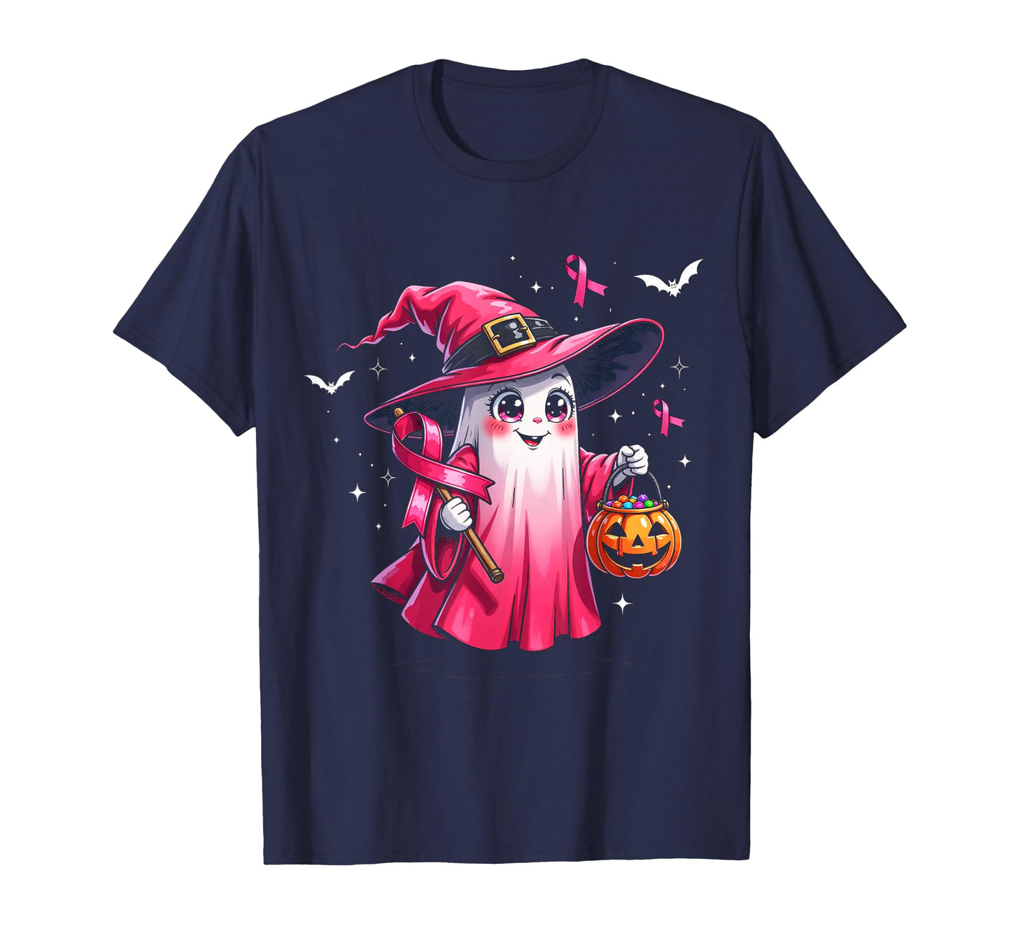 Cute Pink Ghost with Witch Hat Breast Cancer Awareness 2025 T-Shirt