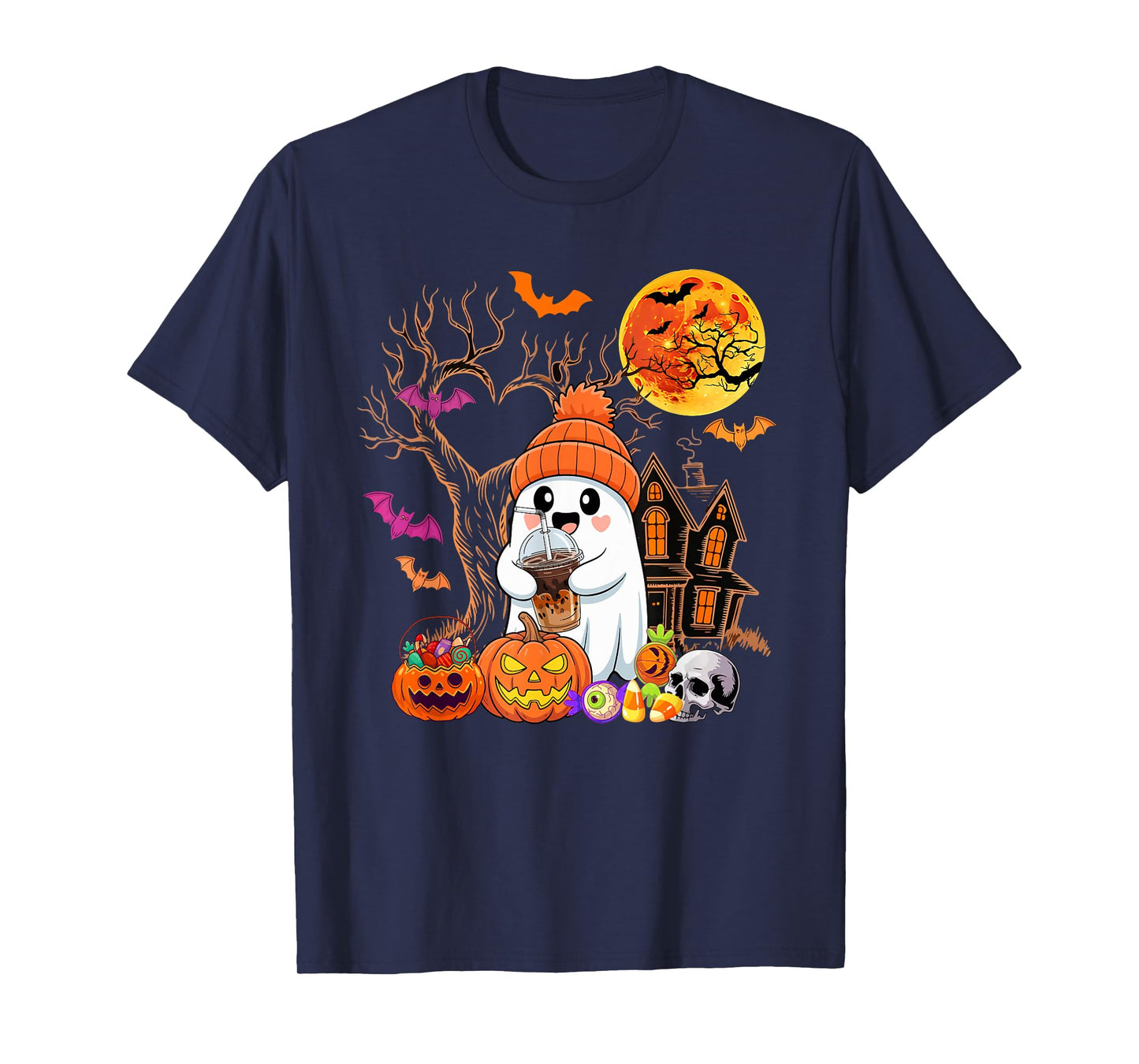 Boo Drinking Coffee Halloween Carved Pumpkin Funny Parties T-Shirt