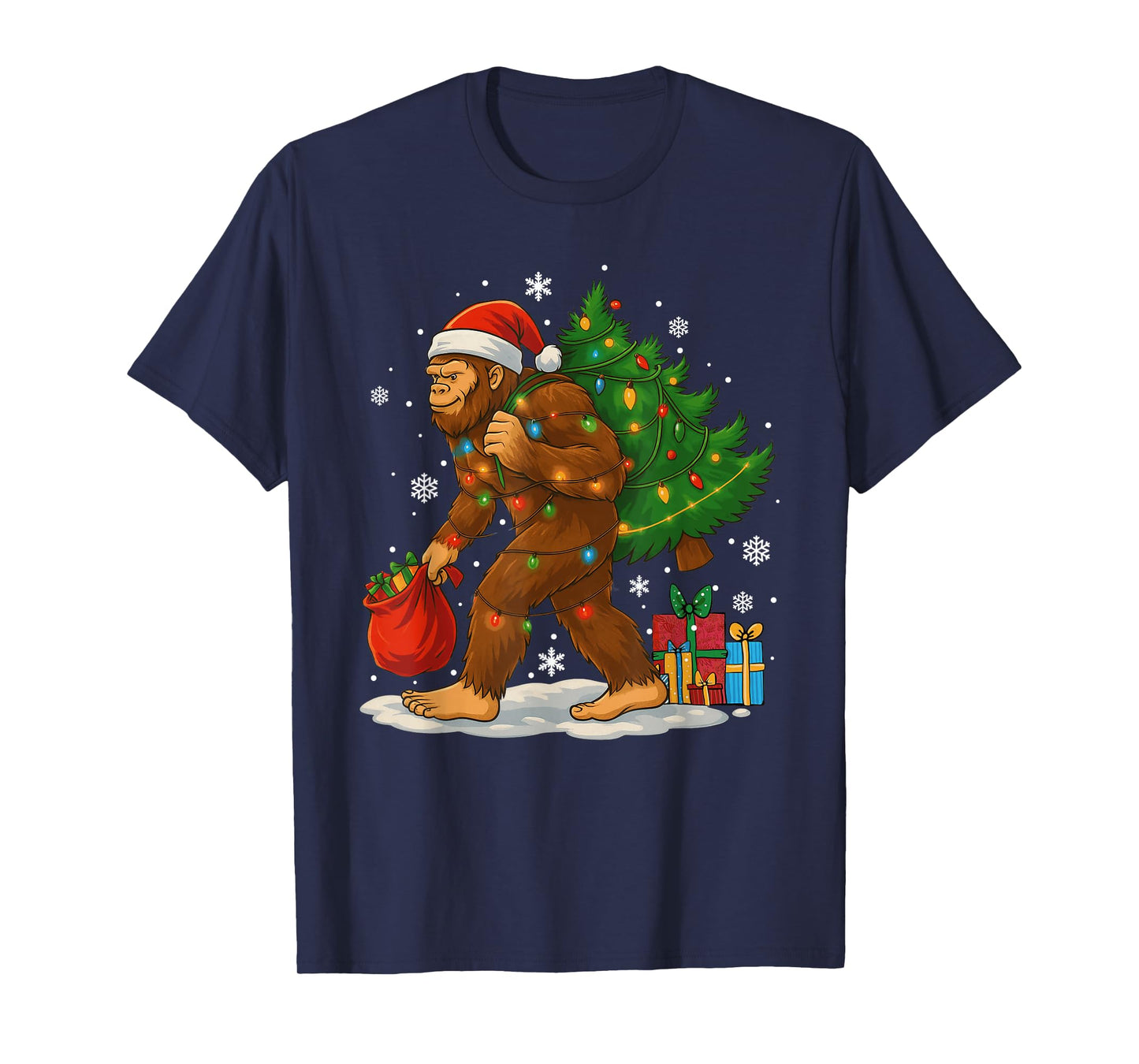 Christmas Bigfoot Santa Hat Tree Lights Xmas Boys Men Kids T-Shirt