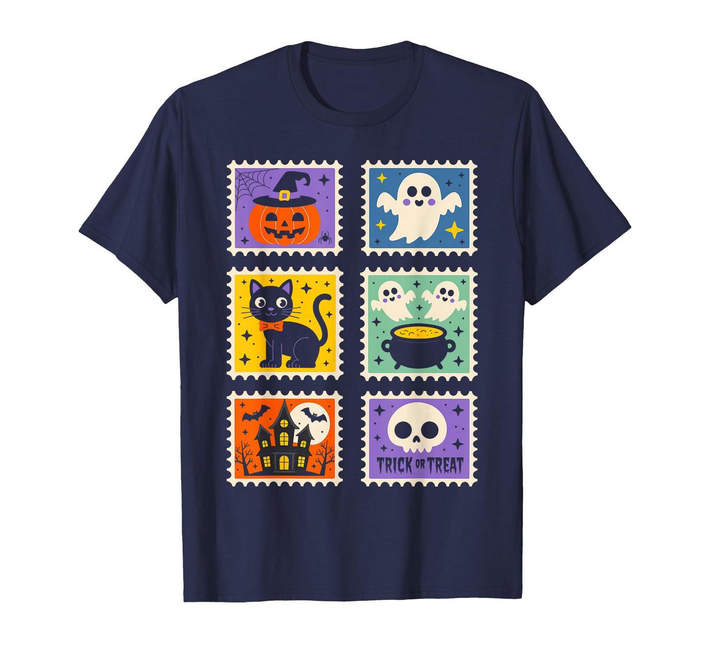 Halloween Stamps Spooky Pumpkin Ghost Cat Witch Skeleton T-Shirt