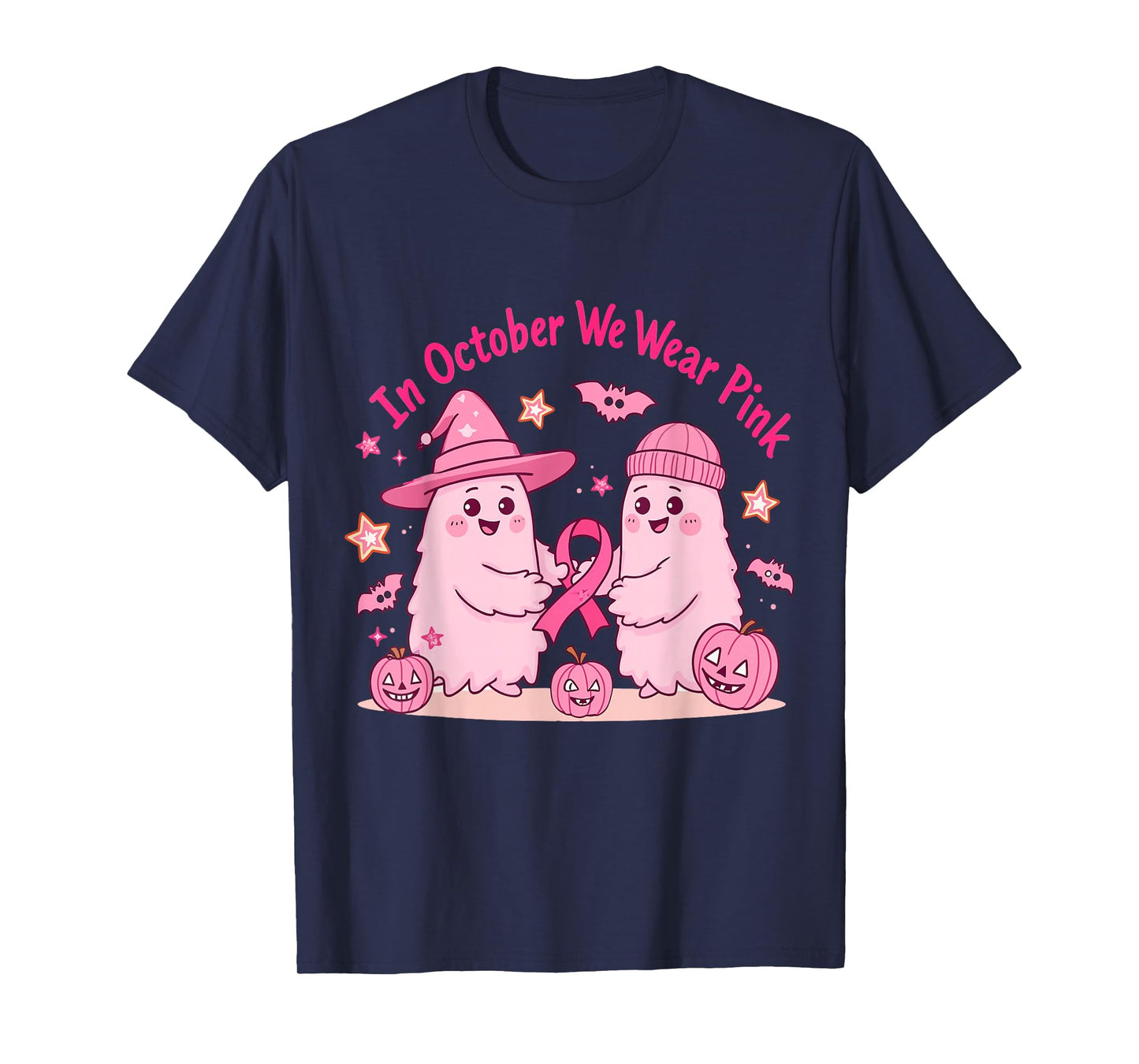 in October We Wear Pink Ghost Witch Breast Cancer Awareness T-Shirt