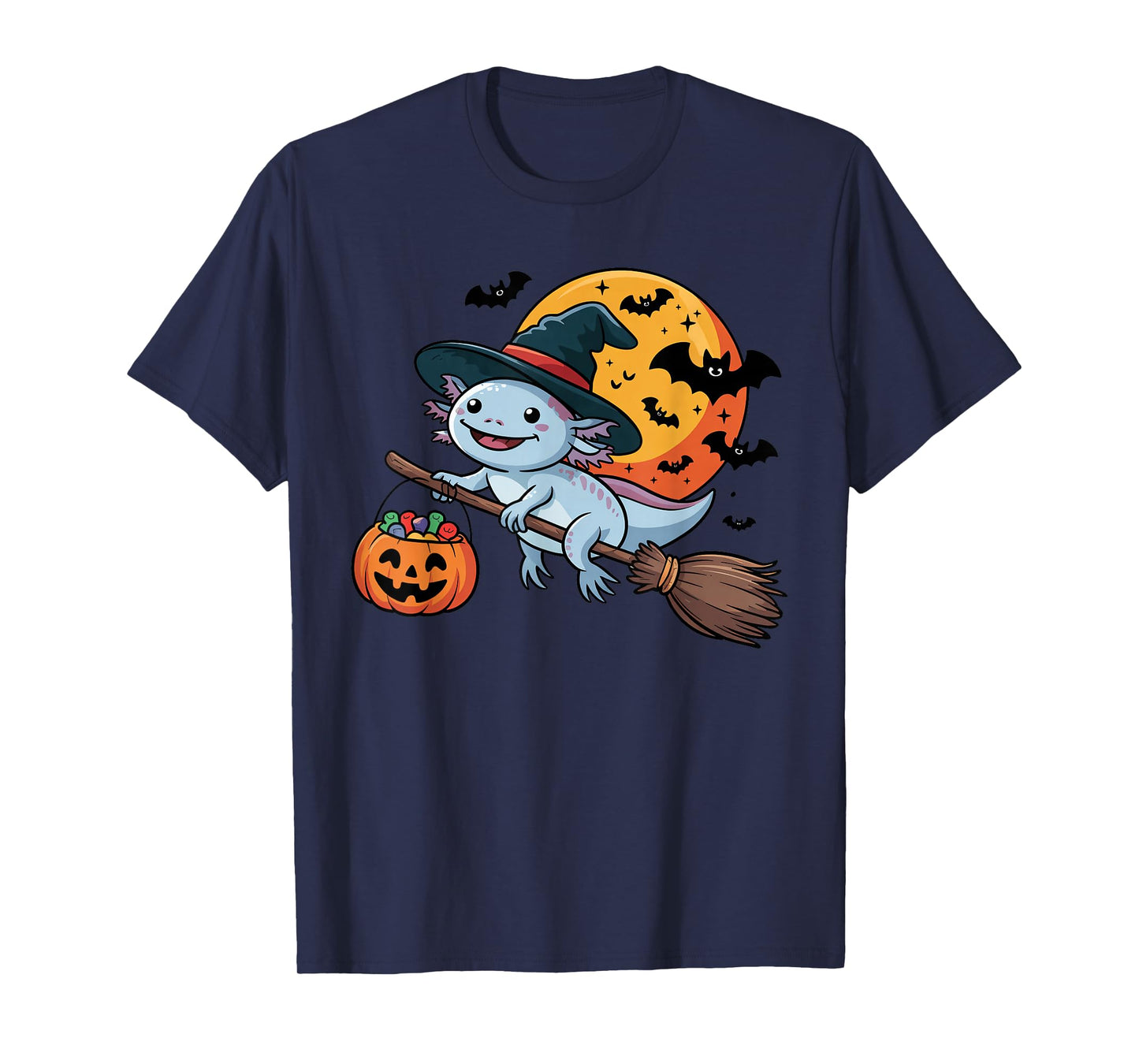 Cute Axolotl Witch Riding Broom Halloween Pumpkin Kids Boys T-Shirt