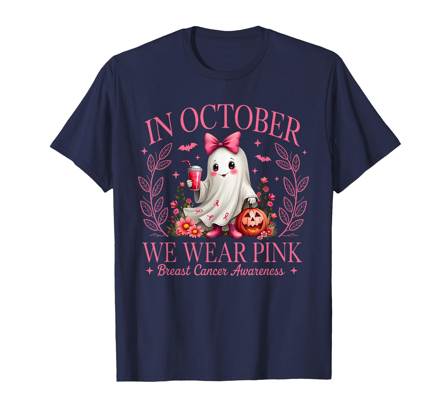 in October We Wear Pink Ghost Witch Breast Cancer Awareness T-Shirt