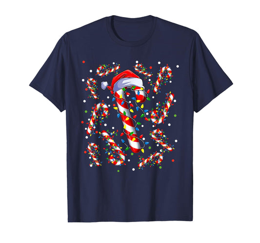 Candy Cane Santa Hat Christmas Xmas Lights Red And White T-Shirt