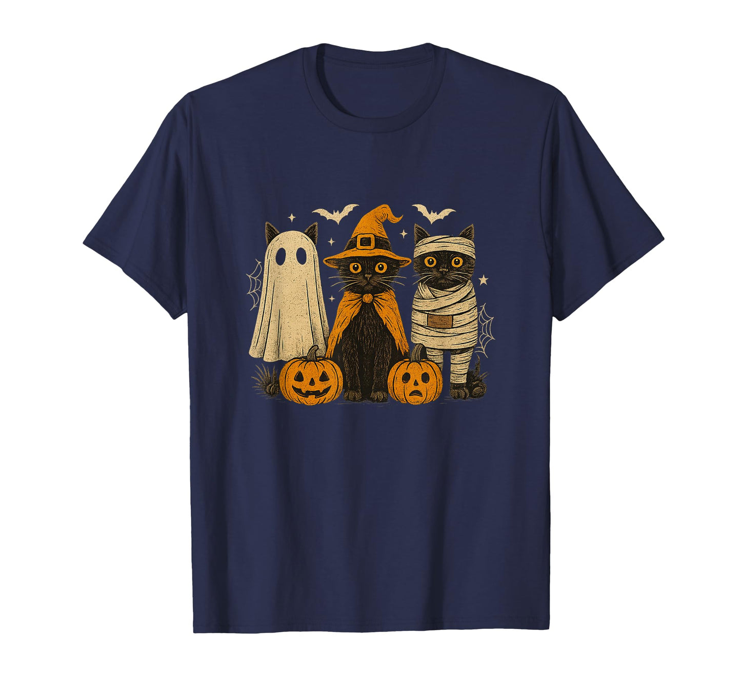 Retro Black Cat Witch Scary Halloween Pumpkin Women Men Kids T-Shirt