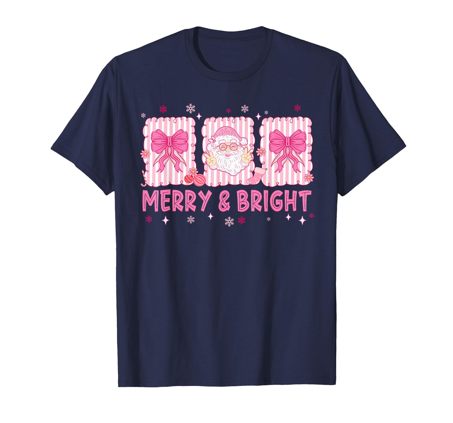 Preppy Merry and Bright Pink Santa Coquette Bow Girl Women T-Shirt