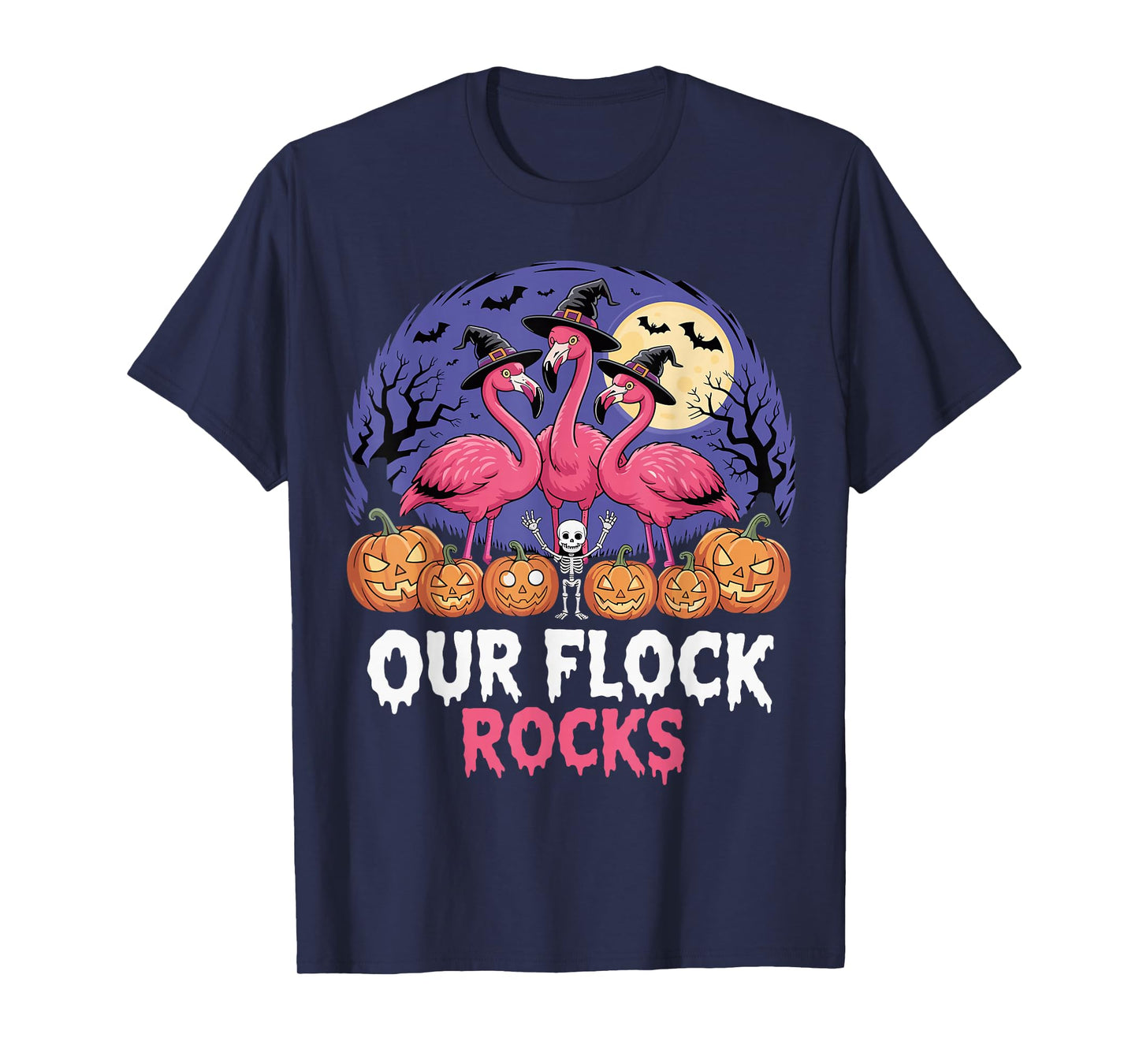 Our Flock Rocks Halloween Flamingo Funny Witch Costume T-Shirt