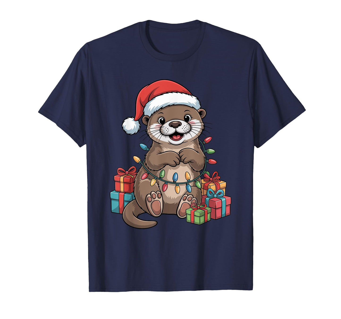 Funny Otter Santa Hat Animals Lovers Ugly Christmas Pajamas T-Shirt