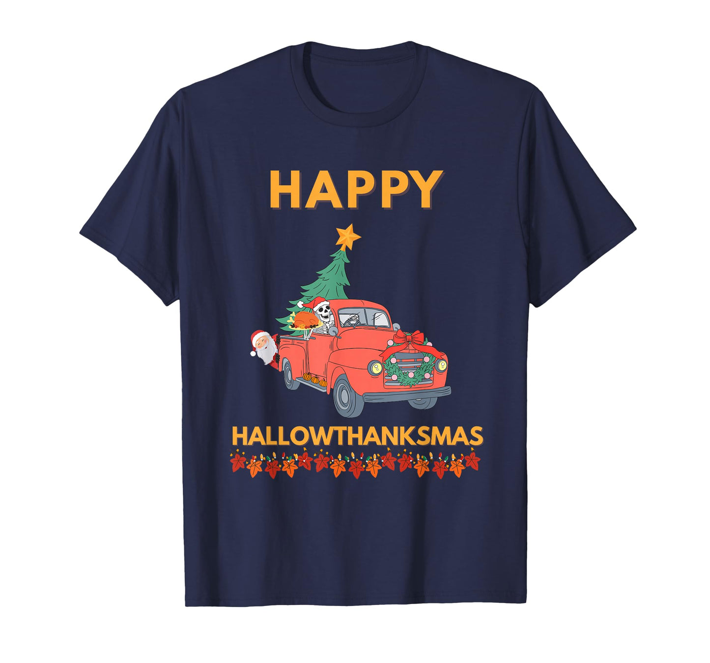 Skeleton Driving Santa Hallowthanksmas Funny Holiday Joke T-Shirt
