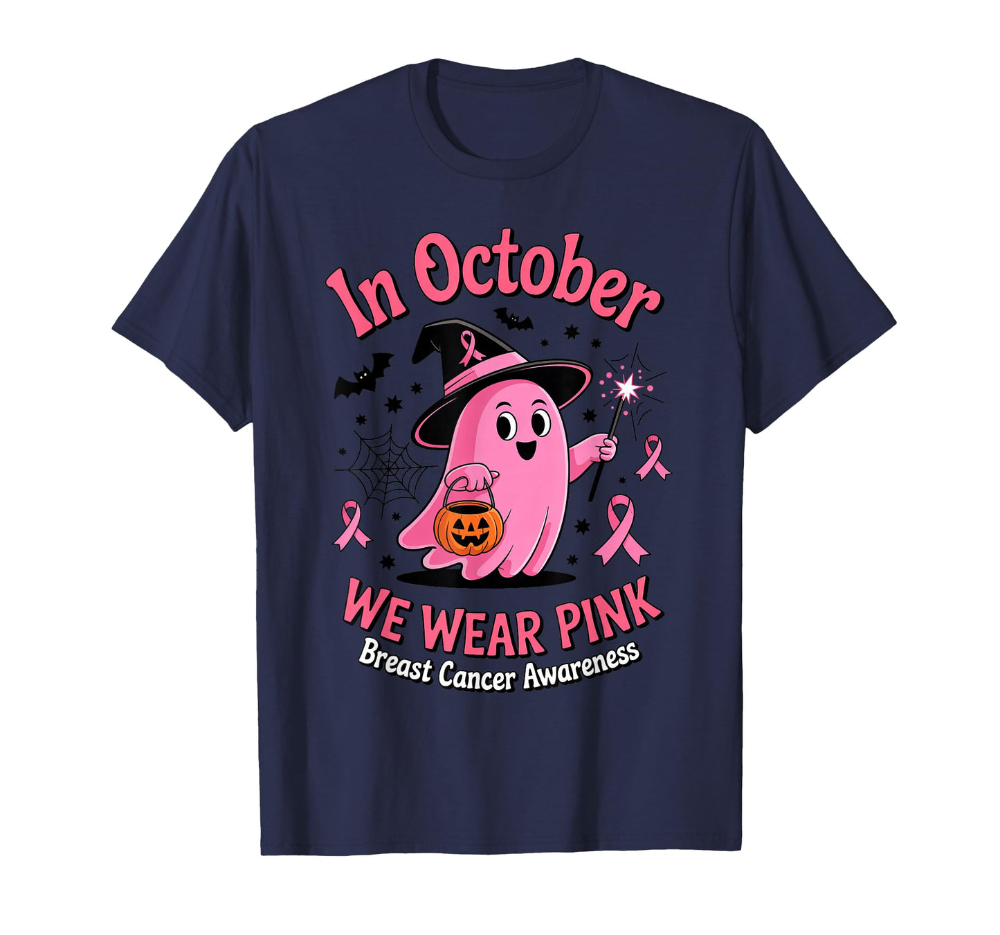 Cute Ghost Witch Pumpkin Breast Cancer Awareness Pink Ribbon T-Shirt