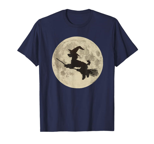 Poodle Halloween Moon Dog Witch on Broomstick Spooky Season T-Shirt