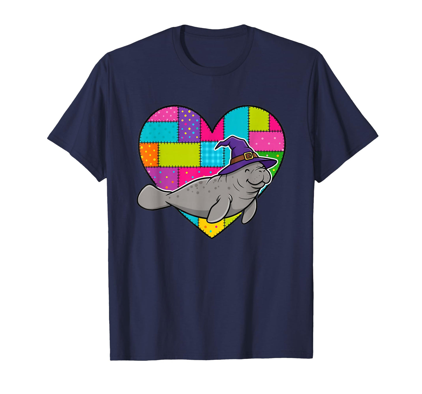 Manatee Witch Hat Patchwork Heart Halloween Autumn Fall T-Shirt