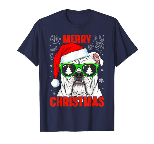 English Bulldog Merry Christmas Pajama Cute Dog Santa Hat T-Shirt