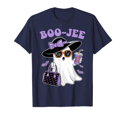 Boo Jee Ghost Drinking Coffee Bow Halloween Women T-Shirt