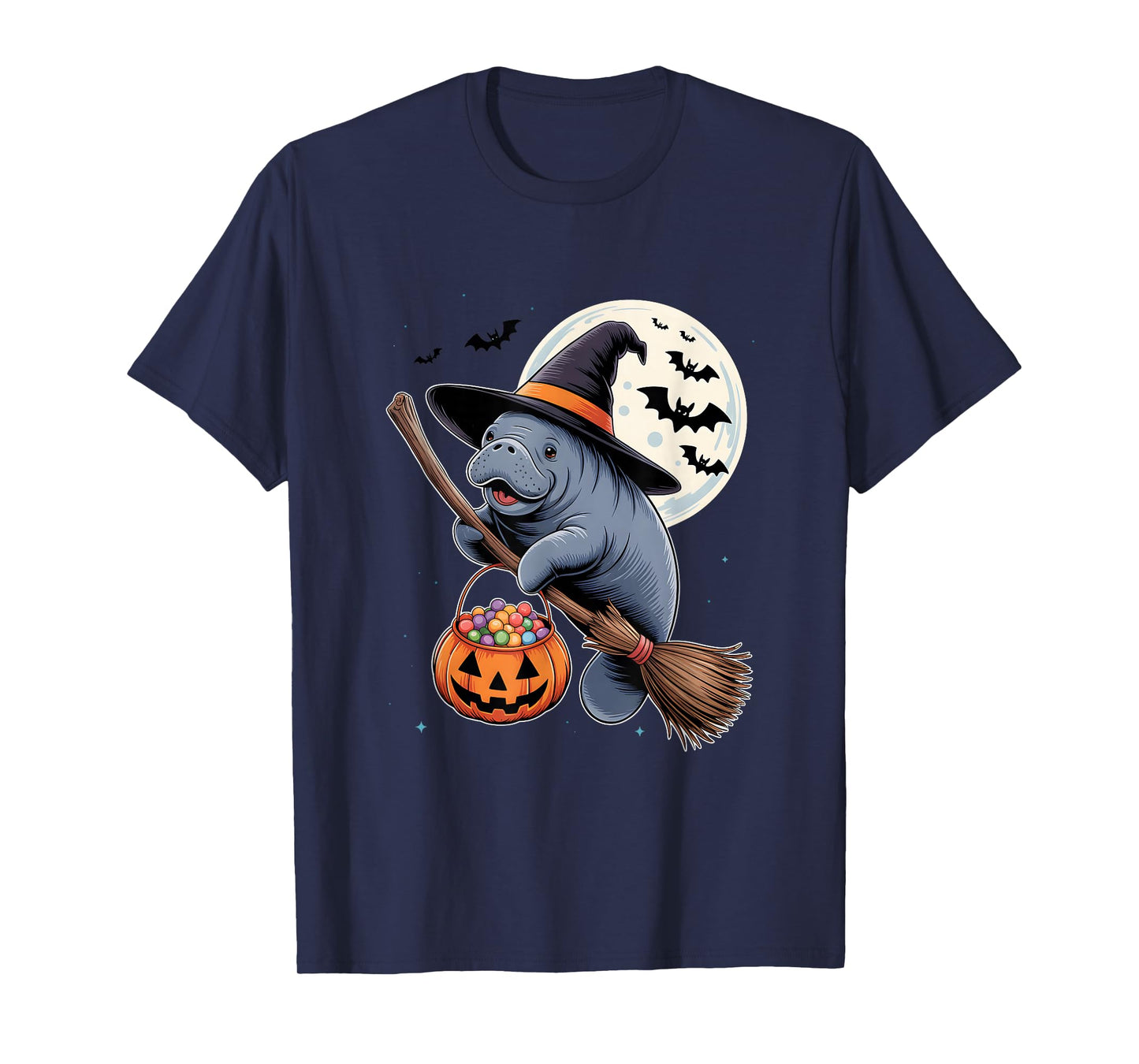 Manatee Witch Hat Riding Broomstick Pumpkin Halloween Animal T-Shirt