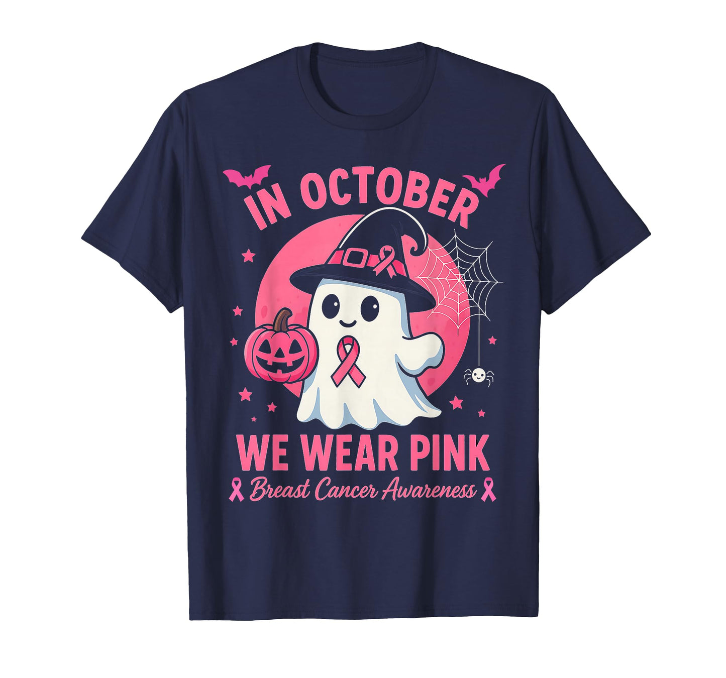 in October We Wear Pink Ghost Witch Breast Cancer Awareness T-Shirt