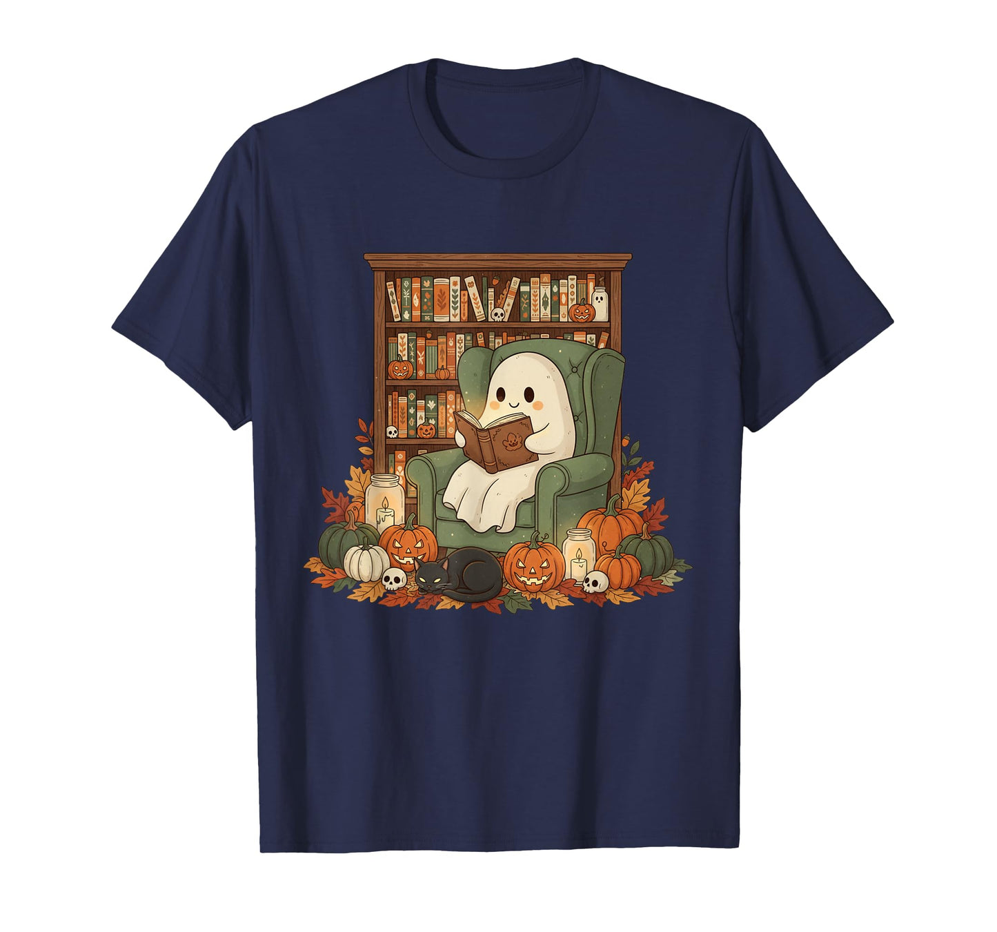 Ghost Library Reading Books Halloween Men Women Kids T-Shirt