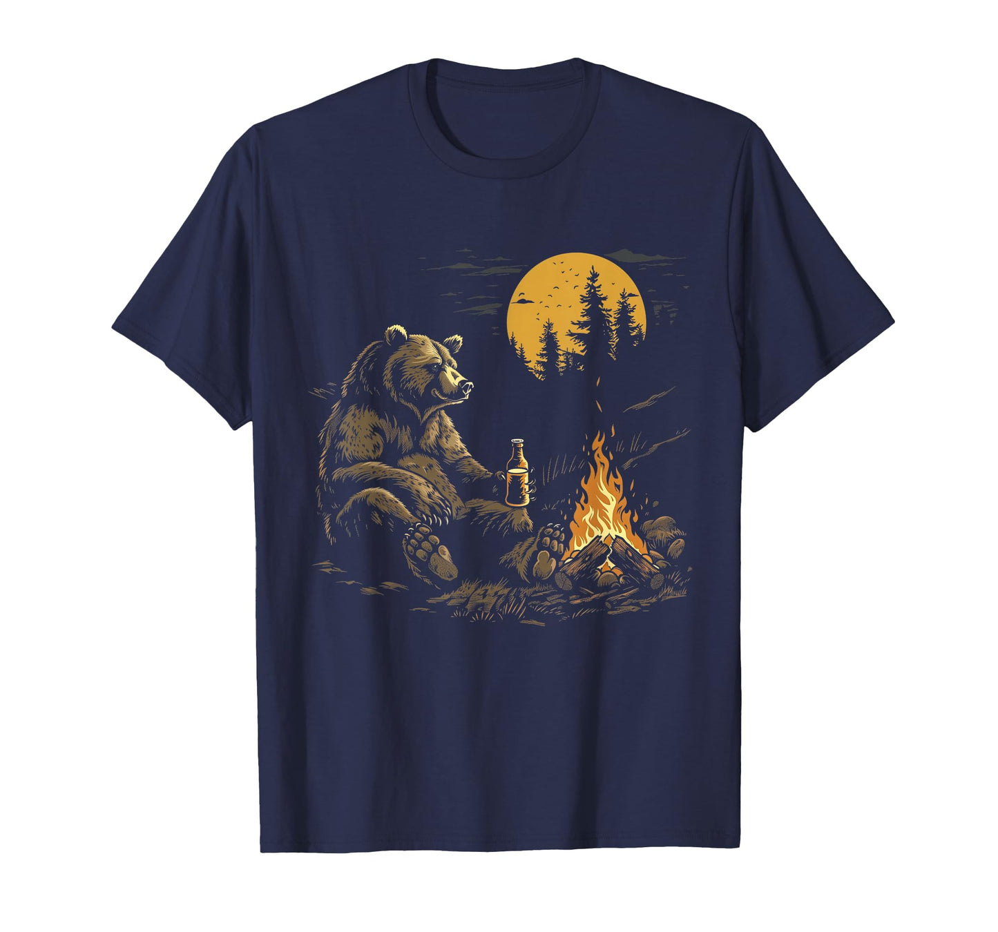 Camping Bear Drinking Beer Hiking Nature Funny Grizzly Bear T-Shirt