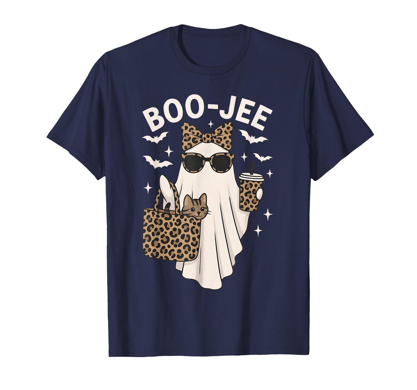 Coquette Leopard Ghost Coffee Boo-JEE Cute Cat Halloween T-Shirt
