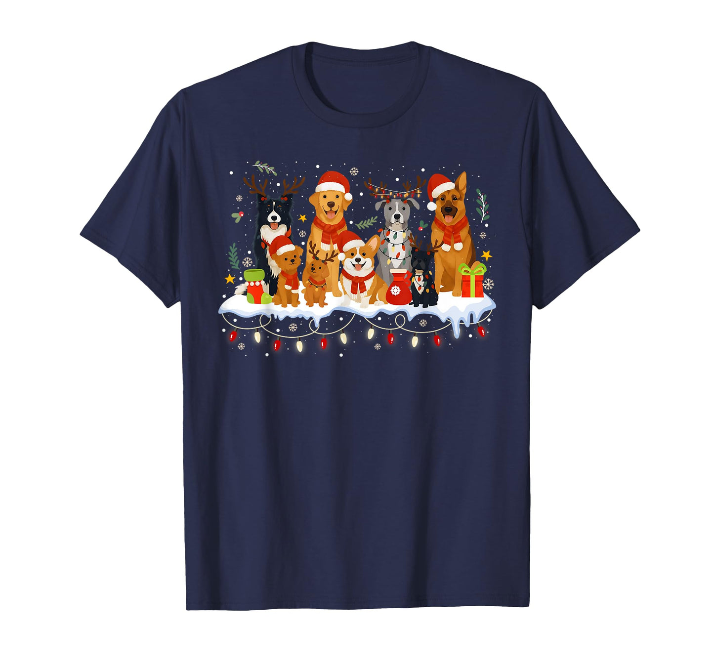 Cute Dogs in Santa Hats Xmas Holiday Christmas Lights T-Shirt
