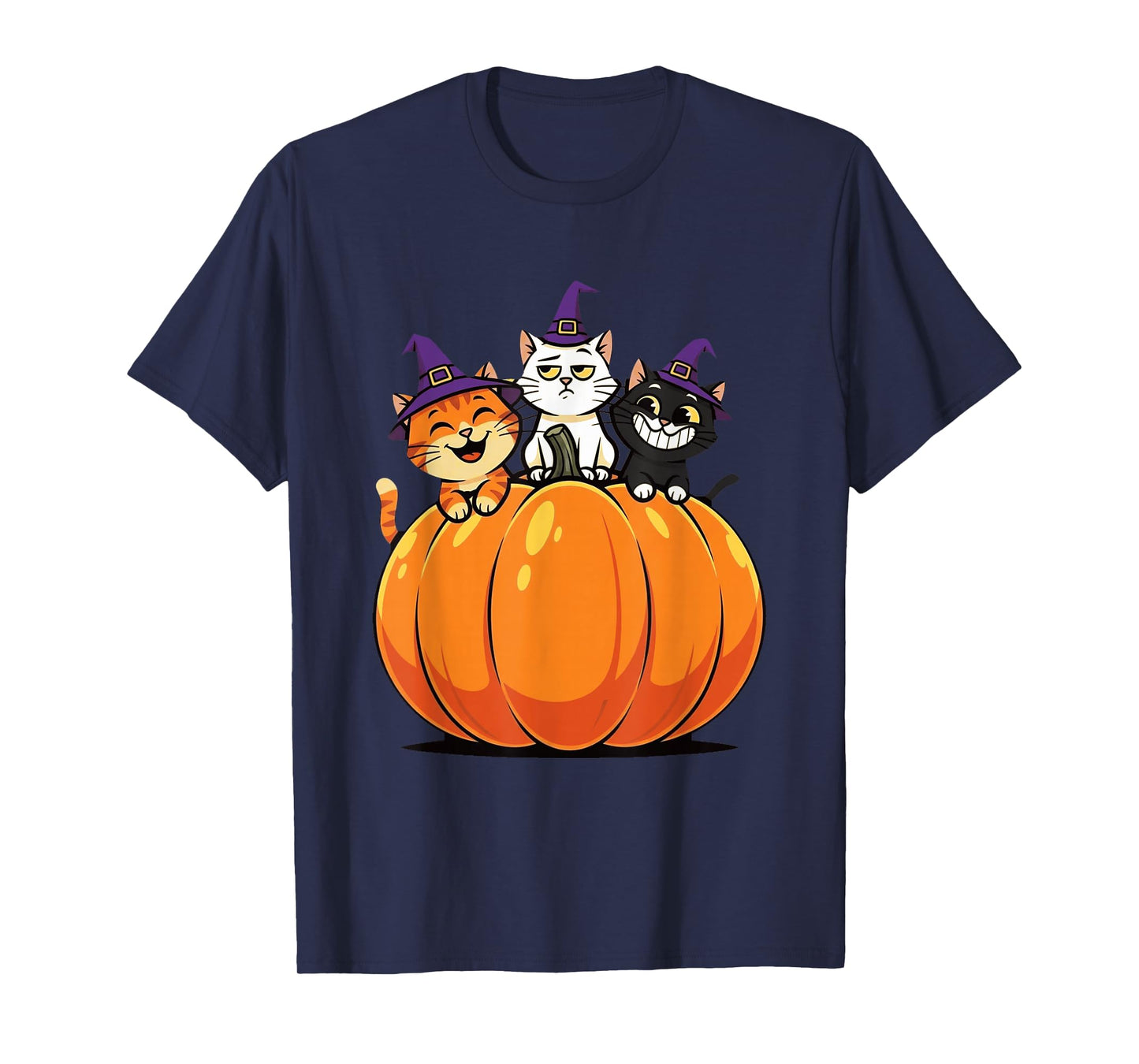 Three Witch Cats on Pumpkin - Funny Halloween Cat Lover T-Shirt