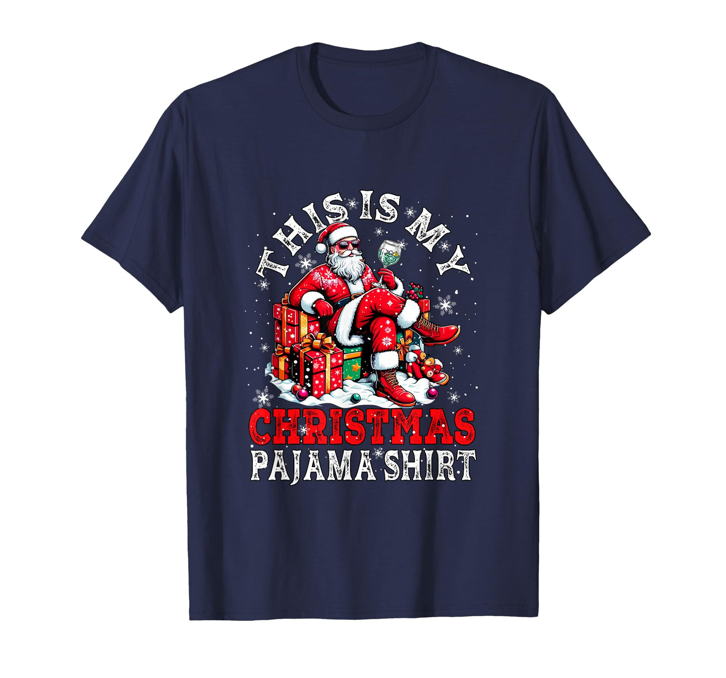 My Christmas Pajama Shirt Santa Sunglasses Drinking Gin T-Shirt