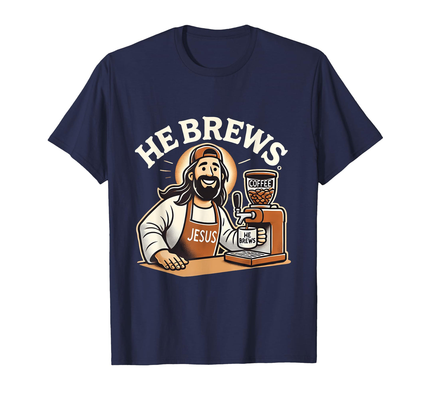 He Brews Coffee Jesus Cartoon Fun Christian Design T-Shirt