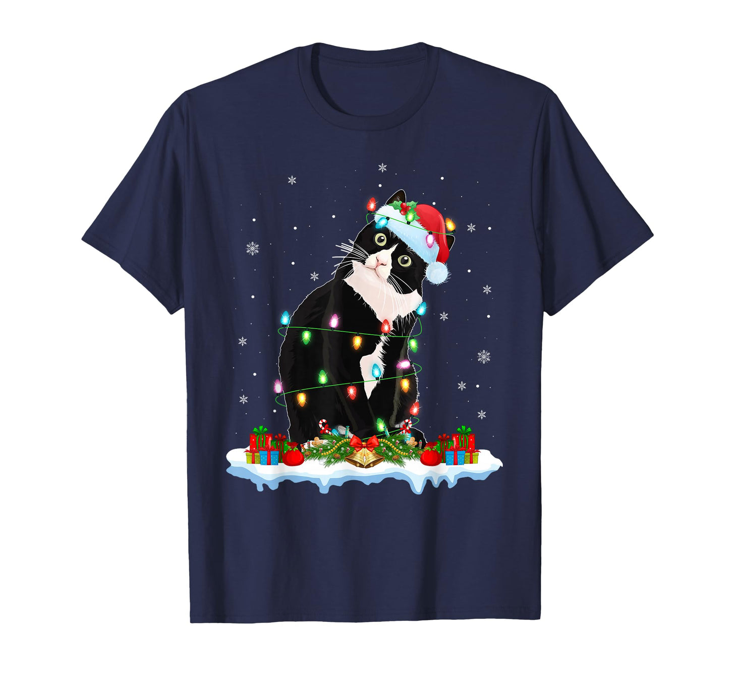 Black Cat Christmas Lights Funny Santa Hat Black Cat Xmas T-Shirt