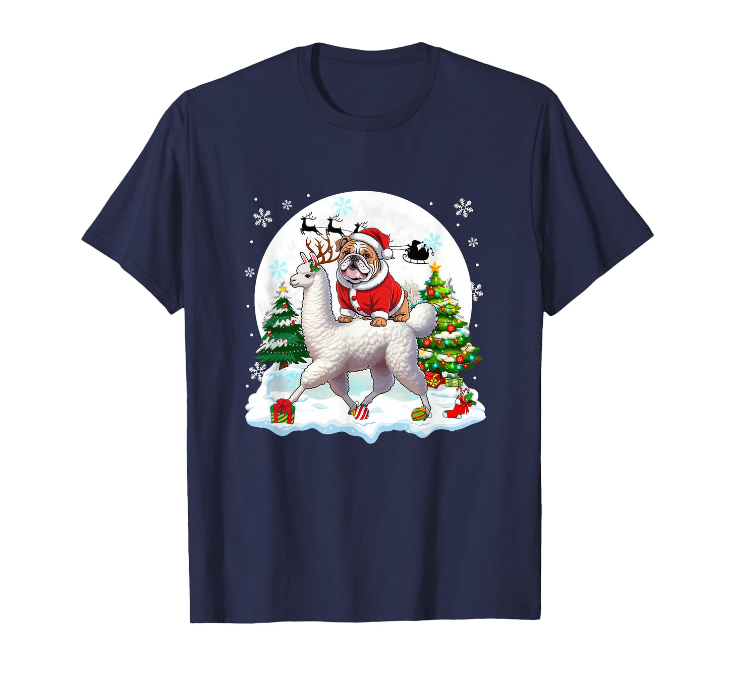 Santa Bulldog Riding Llama Reindeer Christmas Owner Kids T-Shirt