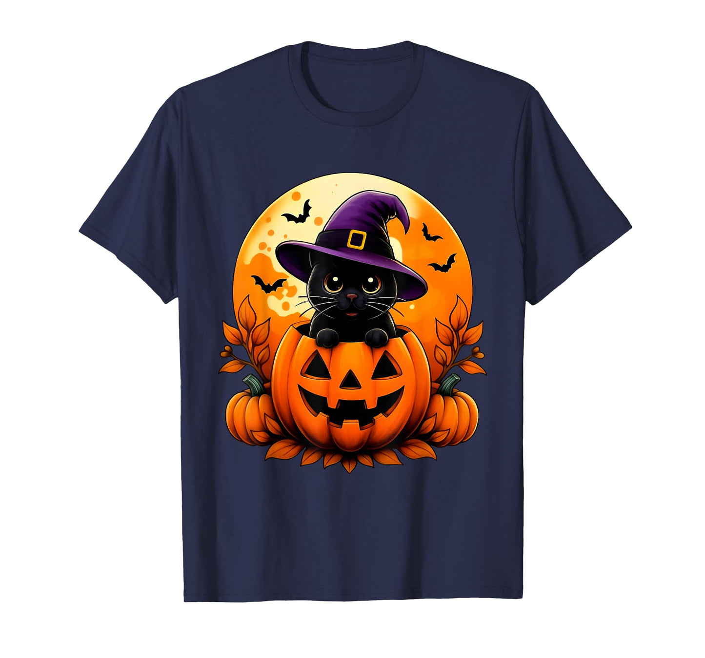 Black Cat Witch Pumpkin Halloween Funny T-Shirt