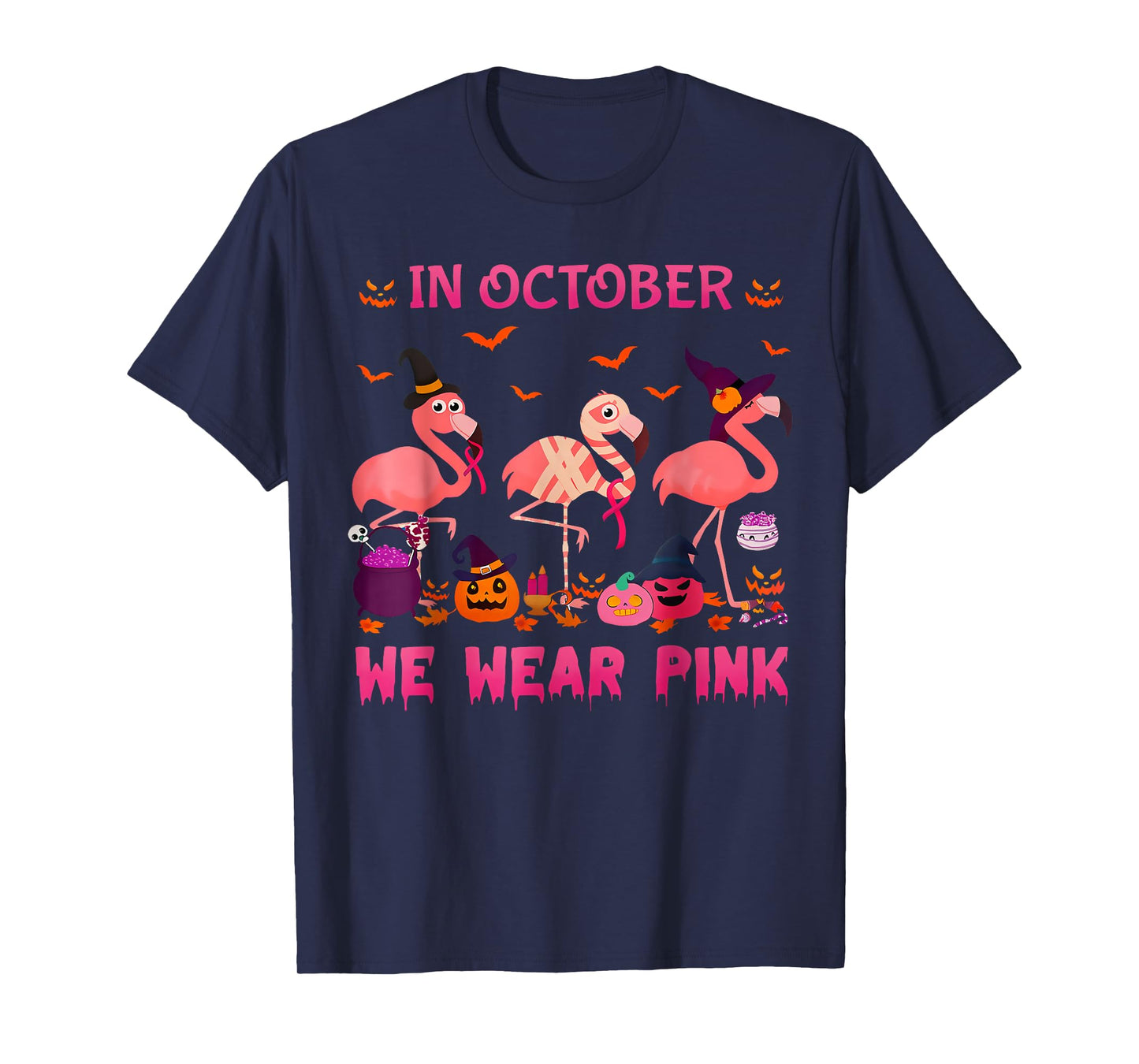 in October We Wear Pink Flamingo Halloween Breast Cancer T-Shirt
