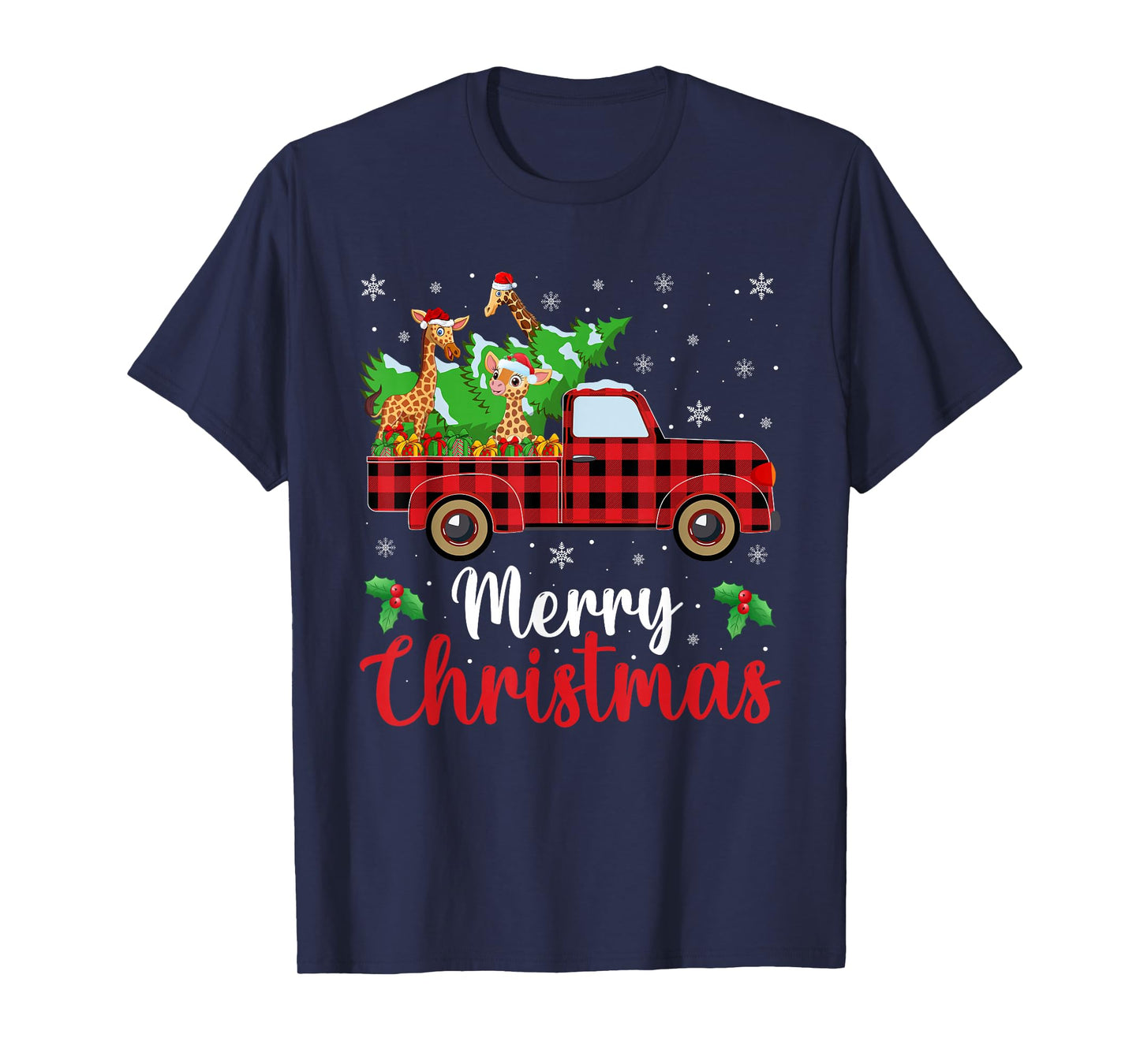Giraffe Christmas Tree Truck Buffalo Plaid Xmas Christmas T-Shirt